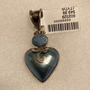 HEART-Shaped Blue Mabe PEARL and Oval OPAL PENDANT Set in 925 Silver Setting NWT
